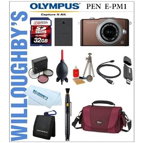Olympus PEN Mini E-PM1 12.3 MP CMOS Sensor Micro Four Thirds Interchangeable Lens Digital Camera with 14-42mm II Lens (Brown) + LEXSpeed 32GB SDHC Memory Card + Extra PS-BLS1 Battery + Deluxe Digital SLR Camera Bag + 3pc 37mm Multi-Coated Essential Filter Kit