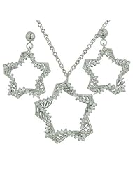 Sterling Silver 2-D Pen Lines Clear Cubic Zirconia Star Earrings and Pendant Set 16 inches chain