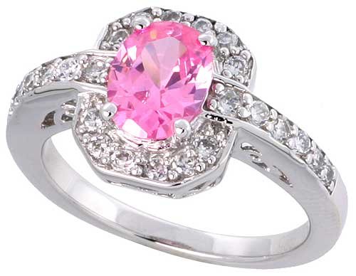 Sterling Silver Vintage Style Engagement ring, w/ an 8 x 6 mm (1.25 ct) Oval Cut Pink-colored CZ Stone, 1/2″ (12mm) wide, size 8
