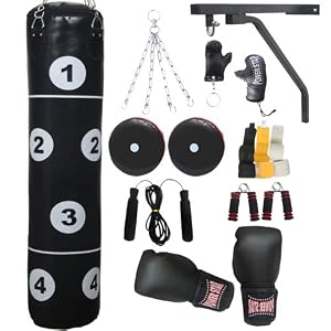 Fitness Gear 13 PCS filled 4ft punch bag set, focus pad boxing gloves wall bracket 2 skipping ropes silver chain hand gripper pair key chain keyring. 