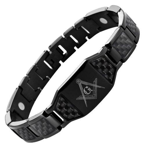 Willis Judd New Mens Black Titanium Masonic Bracelet with Black Carbon Fiber Insets