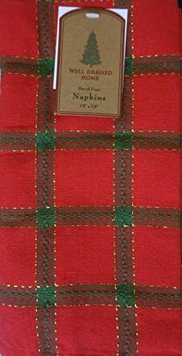 Well Dressed Home Set of 4 Fabric Cotton Napkins Christmas Holidays Checked Plaid Pattern Green Stripes on Red with Gold Thread Highlights 19 Inches by 19 Inches