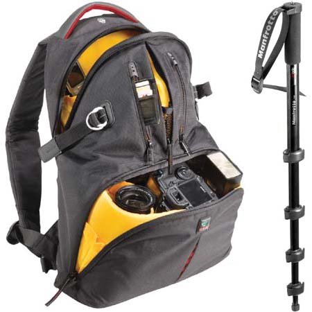 Kata-Manfrotto KT DR-465-BRMP Digital Rucksack Promotional Bundle with Free Manfrotto 790B Modo Monopod (Black with Red Accents)