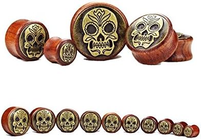 Global Trading01® Wood &amp; Brass Sugar Skull Plugs Double Flare Wooden Ear Gauges Sold in Pairs (Gauge=9/16"(14mm))