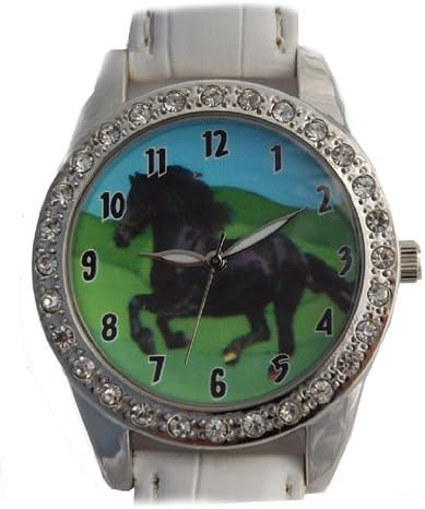 Horse Watch Black Stallion Framed in Small Crystals with White Leather Band