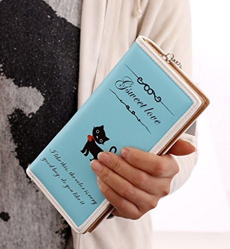 Big Capacity Long Horizontal Cute Cartoon Cat / Little Red Riding Hood Korean Style Zipper Snap Button Clutch Wallet Purse Bag Billfold Cell Phone Pouch with Approx. 11 Card Slots &amp; 1 Bifold Zipper Pocket &amp; a Photo Window (Kitten - Blue)