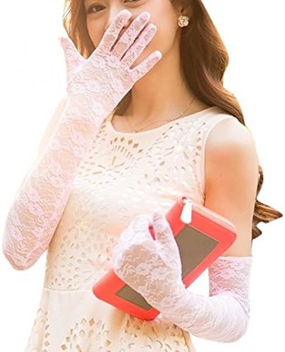 WAJY Women's Long Lace Wedding Glove For Bride Pink