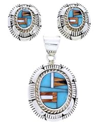 Multicolor Inlay Genuine Sterling Silver Pendant Earrings Set AW71371