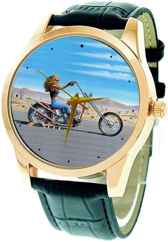Chopper Babe! Rocking Art! Large 44 mm 24k Gold IGP Polish Biker's Art Writ Watch. New!