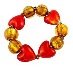 Bracelet - B53 - Murano Glass Style - Hearts - Stretch ~ Red and Gold