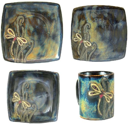 MARA STONEWARE COLLECTION - 16 Piece (4 Person) Collectible Square Shaped Dinnerware Place Setting - Dragonfly