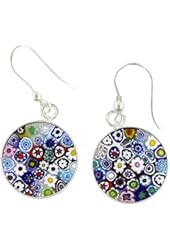 Murano Glass Millefiori Round Dangle Earrings - Silver