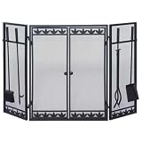 Uniflame 49 Inch Black Wrought Iron Three Panel Fireplace Screen With Doors and 4 Piece Tool Set