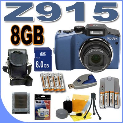 Kodak Easyshare Z915 10MP Digital Camera w/ 10x Optical IS Zoom (Blue) 8GB BigVALUEInc Accessory Saver NiMH Bundle