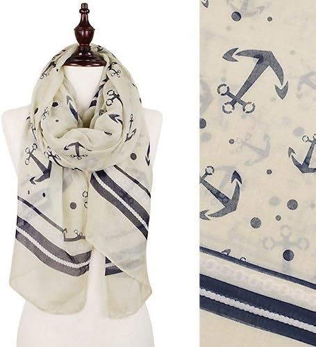 Womens Beige and Navy Blue Anchor Print Wide Oblong Scarf. Approx. 38" W X 72" L. 100% Polyester.
