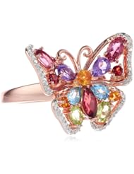 Sterling Silver with Pink Plating Multi-Color Butterfly Diamond Ring, Size 7
