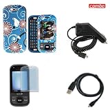 Samsung Exclaim M550 Combo Touch Red Flower on Blue Cover Protective Case Faceplate Cover + LCD Screen Protector + Rapid Car Charger + USB Data Charge Sync Cable for Samsung Exclaim M550