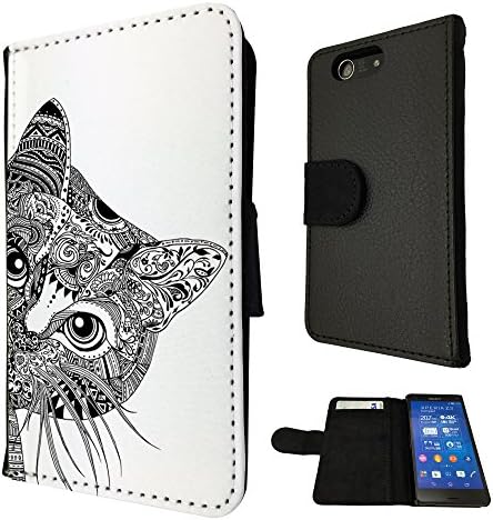 Sony Xperia Z3 Compact/Mini Cool Aztec Cat Cute Funky Design Book Style Purse Full Case Flip cover Defender Credit Card Holder Pouch Case Cover Book Wallet TPU Leather