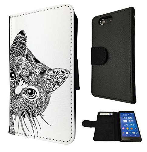 Sony Xperia Z3 Compact/Mini Cool Aztec Cat Cute Funky Design Book Style Purse Full Case Flip cover Defender Credit Card Holder Pouch Case Cover Book Wallet TPU Leather