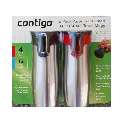 Contigo 2 Pack 16 Oz Double Wall Vacuum Insulated Autoseal Stainless Steel Travel Mugs - (Red & Black Top)