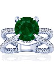 14K White Gold Round Cut Emerald Ring With Sidestones