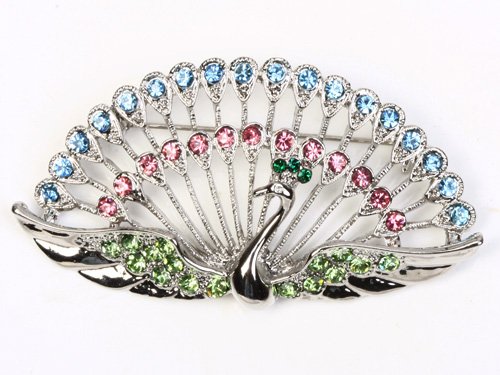 Dancing Cute Peacock Feather Bird Pin Brooch Crystal Rhinestone Costume Jewelry