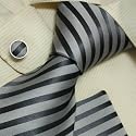 H5036 NEW Designer Silver Stripes 100% Jacquard Woven Silk Grey Tie Hanky Mens Necktie and Cuff Links Cufflinks and Handkerchiefs Set