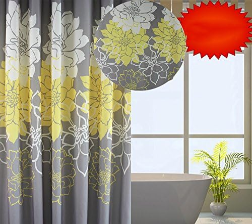 Noemie Hogar Polyester Fabric Yellow Peony Waterproof Mould Proof Shower Curtain with Set of 12 Roller Shower Curtain Rings (79-Inch by 79-Inch)