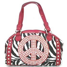 Large Zebra Design Canvas Handbag with Peace Sign and Faux Red Croc Trim