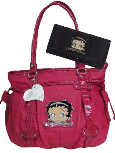 New Betty Boop Fuchsia Leather Like Shoulder Bag Black Wallet & Keychain