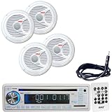 Pyle Marine Radio Receiver, Speaker and Cable Package - PLCD35MR AM/FM-MPX IN-Dash Marine CD/MP3 Player/USB & SD Card Function - 2x PLMR60W 2 Pairs of 150 Watt 6.5 2 Way White Marine Speakers - PLMRNT1 22" Weather Resistant Radio AM/FM Marine Wire Antenna Braided Cable