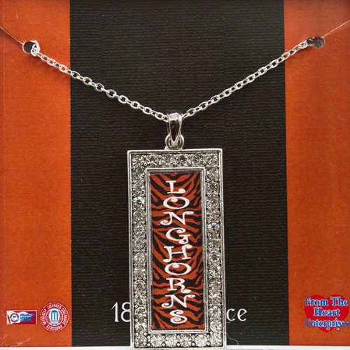 Silver toned 18 inch necklace with orange and black zebra print Longhorns pendant surrounded by czs. University of Texas