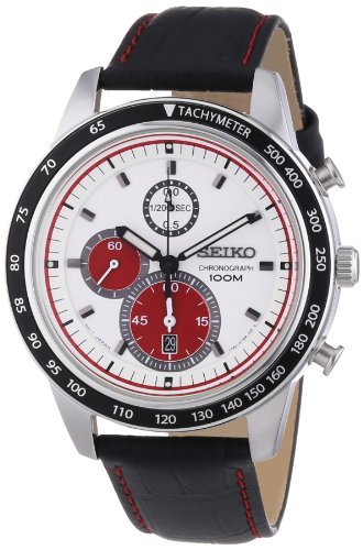 Seiko White Dial Chronograph Black Leather Mens Watch SNDD91