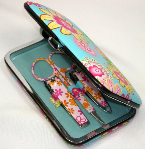 6 Piece Blue Floral Case Manicure Pedicure Nail Kit for Home or Travel