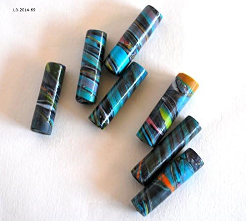 6 Blue and Orange Polymer Clay Beads Handmade Striped Tubes