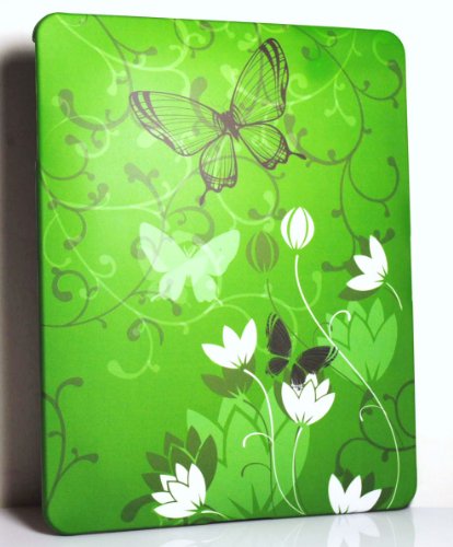 Green with Black Butterfly White Flower Art Design Apple Ipad Tablet Rubber Texture Snap on Hard Case 16GB 32GB 64GB WIFI + Precut LCD Screen Protector Guard / Film