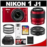 Nikon 1 J1 Digital Camera Body with 10-30mm & 30-110mm VR Lens (Red) with 10mm f/2.8 Lens + 16GB Card + Case + Filters + Accessory Kit