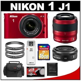 Nikon 1 J1 Digital Camera Body with 10-30mm & 30-110mm VR Lens (Red) with 10mm f/2.8 Lens + 16GB Card + Case + Filters + Accessory Kit