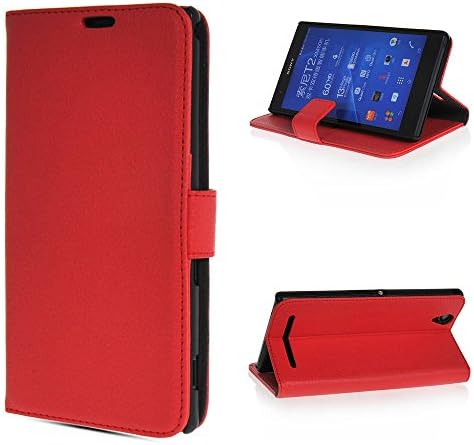MICNOKEYA Red Luxury Holster Leather Wallet Folio Case Flip Cover with Card Slots for Sony Xperia T2 Ultra dual XM50h