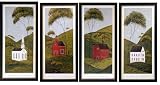 Framed Country Panel House Barn Church School Warren Kimble Folk Art Picture Print Set 4
