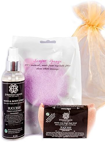 Strongest Minds SUCCESS Body Soap and Spray with Konjac Sponge PACK of 3 All Natural Chemical Free Therapy Body Mist and Body Bar Soap for Men and Womens Body Care Unique Self Care Gift