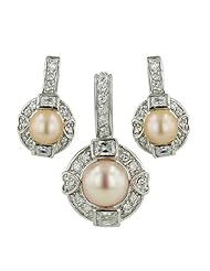 Sterling Silver Peach Freshwater Pearl Heart and Rectangular Shape of Clear Cubic Zirconia Surrounded Earring and Pendant Set 16 inches chain