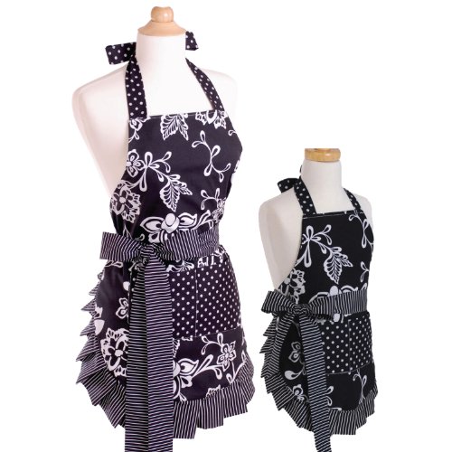 Flirty Aprons Bundle - 2 Items - Women's Sassy Black Apron & Girl's Sassy Black Apron