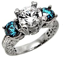 3.07ct Blue Round Diamond Engagement Ring 18k White Gold Vintage Style