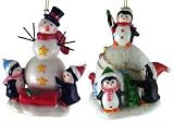Set of 2 Penguin and Snowman Porcelain Christmas Ornaments