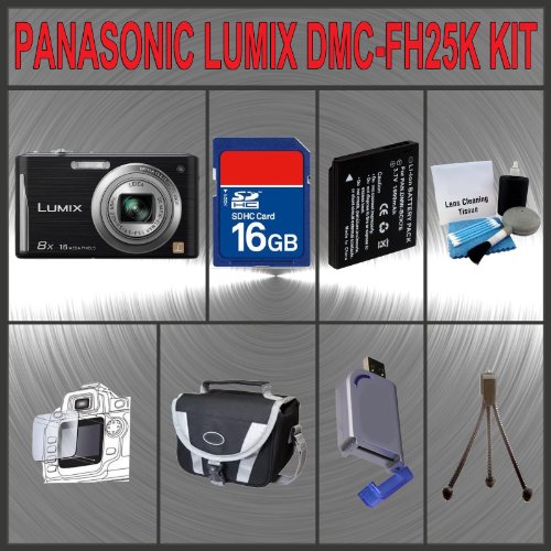 Panasonic DMC-FH25K 16.1MP Digital Camera + Huge Accessories Package Including 16GB SDHC Memory Card + High Capacity DMW-BCK7 Replacement Lithium-Ion Battery + Hi-Speed SD Card Reader + Carrying Case + Table Top Tripod + Lens Cleaning Kit + LCD Screen Protectors Kit