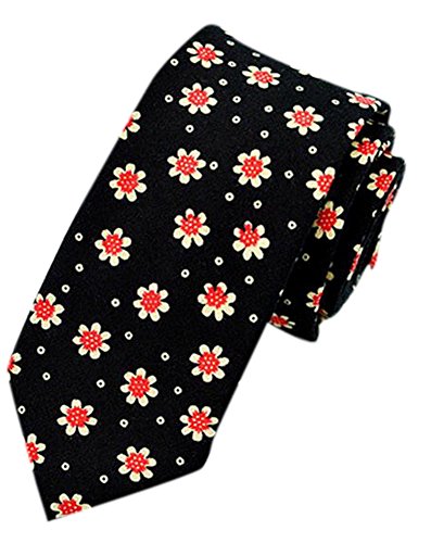 LaiGouMai Men's Fashion Causal Black Floral Printed Linen Tie Necktie