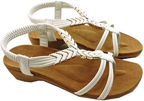Fashionista Forever Women's Comfortable Strappy Rhinestone Sandals (39-8(M), White w Gold)