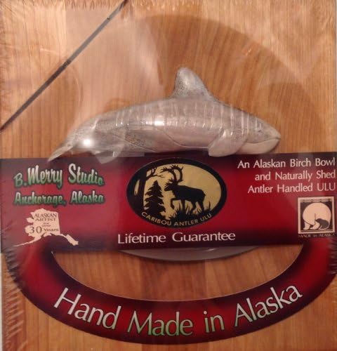 Alaska Carved Caribou Orca Whale Antler Handle Ulu Knife &amp; Birch Board Set