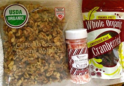 Trader Joes USDA Organic California Grown Walnut Halves - Whole Organic Sweetened Dried Cranberries & Kencraft All Natural Peppermint Chips in a Shaker -Total 3 Items
